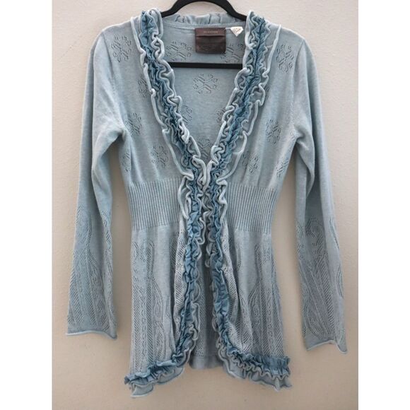Anthropologie Guinevere Women's Sz M Blue Pointelle Ruffled Curly Top Cardigan - Picture 1 of 12